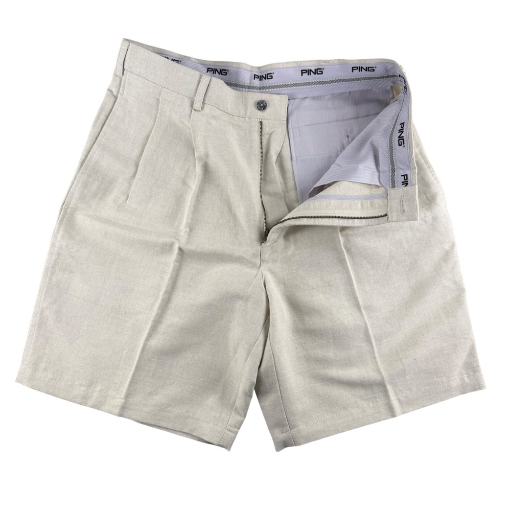 Ping Mens Pleated Golf Shorts Beige Linen Cotton Blend Size 34 Oatmeal Preppy